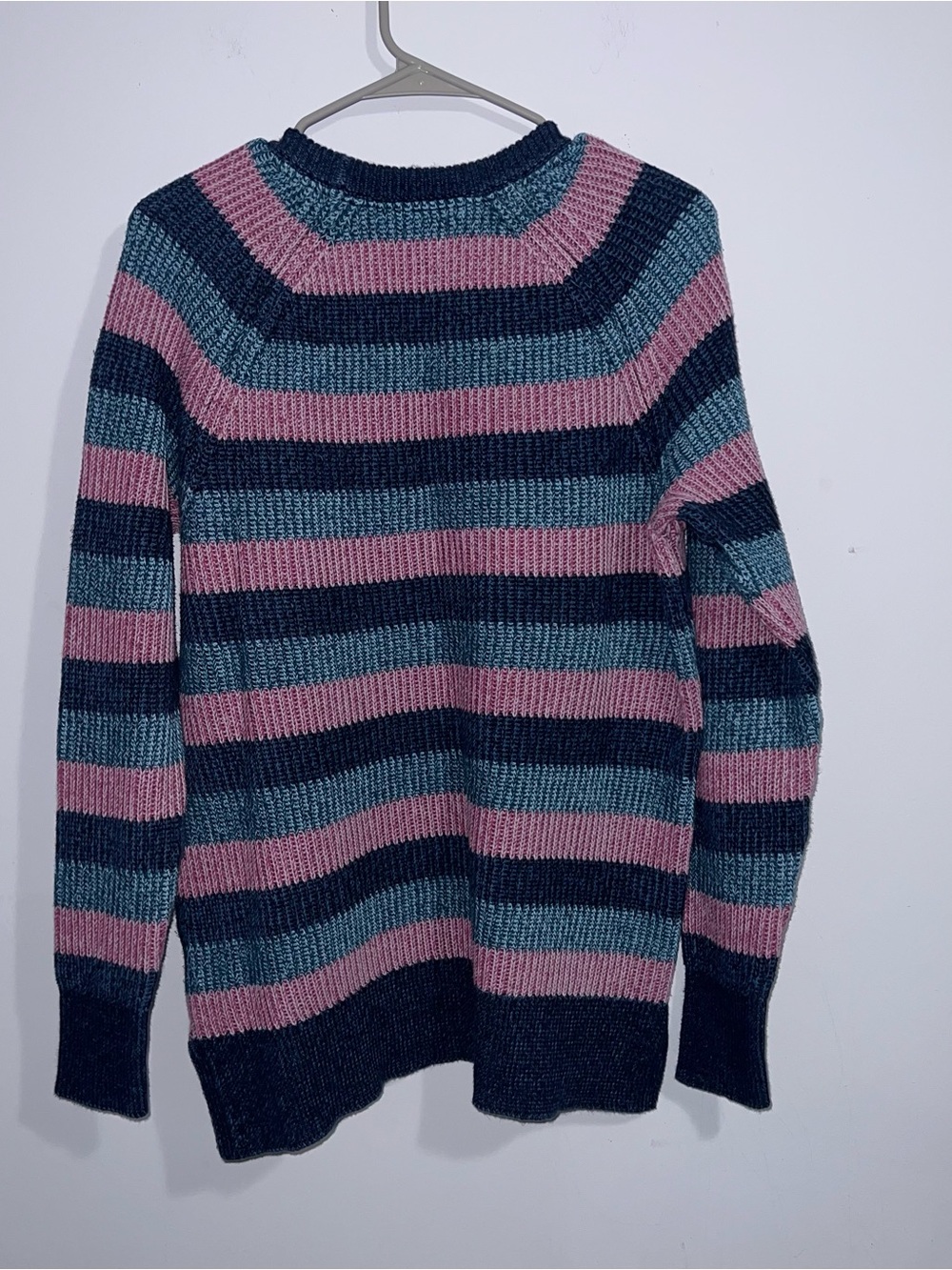 L.L. Bean Womens L Pullover Crewneck Sweater Pink Navy Teal Striped Cotton Knit - Picture 2 of 7